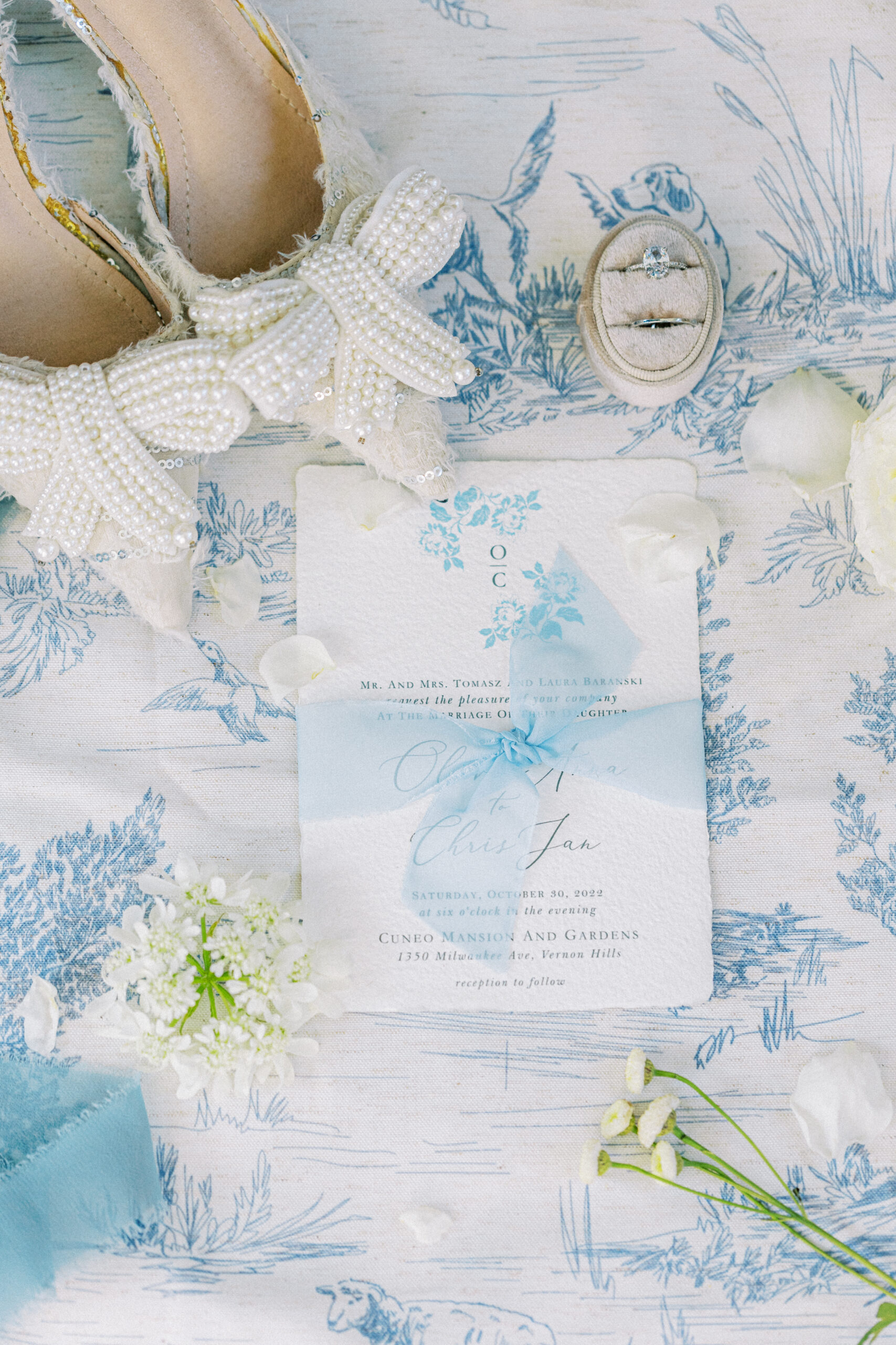 Wedding details on a flat lay mat
